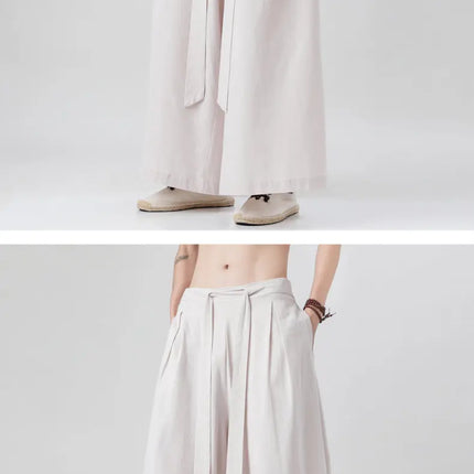 Pantaloni retrò in cotone e lino stile cinese Uomo Kimono estivo Pantaloni tradizionali in tinta unita Pantaloni casual a gamba larga streetwear maschile