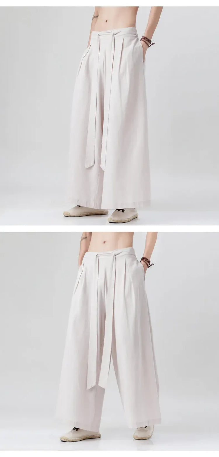 Pantaloni retrò in cotone e lino stile cinese Uomo Kimono estivo Pantaloni tradizionali in tinta unita Pantaloni casual a gamba larga streetwear maschile