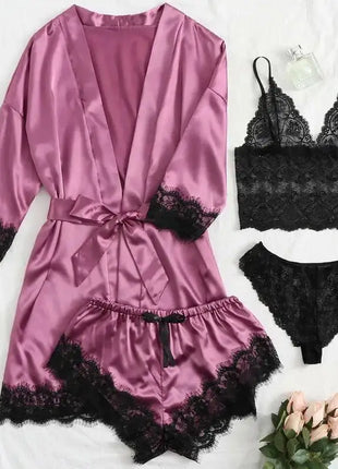 Pigiama da donna lussuoso con scollo a V in 4 pezzi camicia da notte sexy pizzo in raso halter accappatoio in raso di seta camicia da notte per la casa pigiama sexy per la casa platinumshop