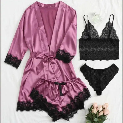 Pigiama da donna lussuoso con scollo a V in 4 pezzi camicia da notte sexy pizzo in raso halter accappatoio in raso di seta camicia da notte per la casa pigiama sexy per la casa platinumshop