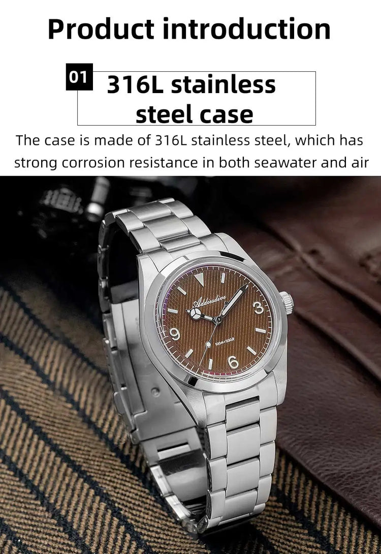 ADDIESDIVE Men's VH31 Quartz Watch Super Luminous 36mm Bubble Glass Wristwatch 100m Waterproof 316L Stainless Steel Watches Male