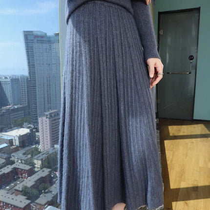 FRSEUCAG Autumn and winter women's warm half skirt 100% mink cashmere pleated skirt thick long skirt soft and loose fashionable PlatiNum