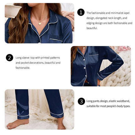 Pijama de mujer de otoño lujoso pijama de manga larga de satén liso elegante cuello con solapa top y pantalones largos ropa de dormir y pijama