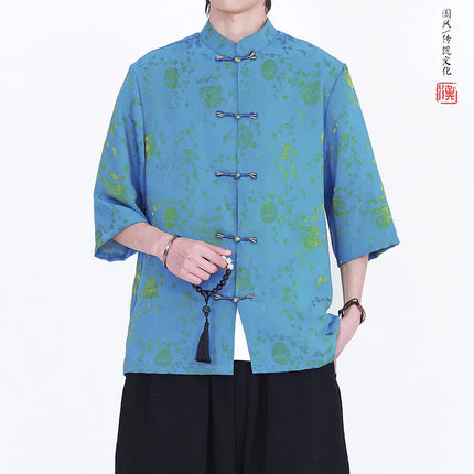 Camicie Estive da Uomo in Stile Cinese Tradizionale, Camicia Casual Kung Fu Tai Chi, Camicia di Lusso Jacquard Traspirante a Maniche Corte