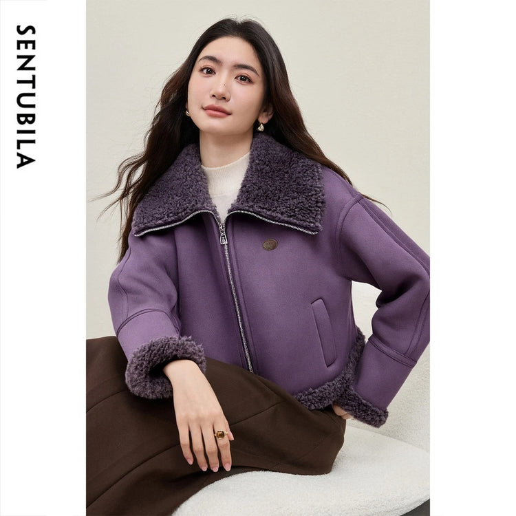 SENTUBILA Women's Faux Suede Coat Plush Lapel Zipper Faux Leather Cropped Jacket 2026 Winter Retro Ladies Outerwear W54PD5913