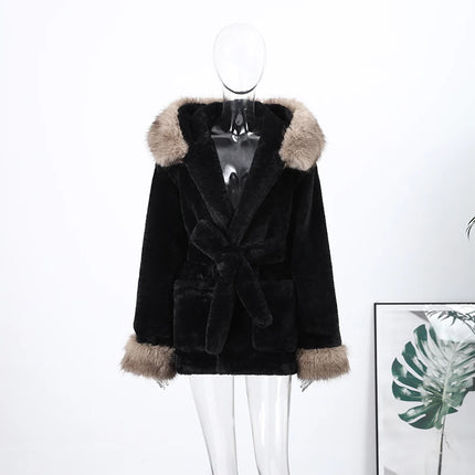 Casual Patchwork Faux Fur Collar Women's Coat Lace Up Pockets Thicken Lady Coats 2026 Autumn Winter Female Street Outerwear