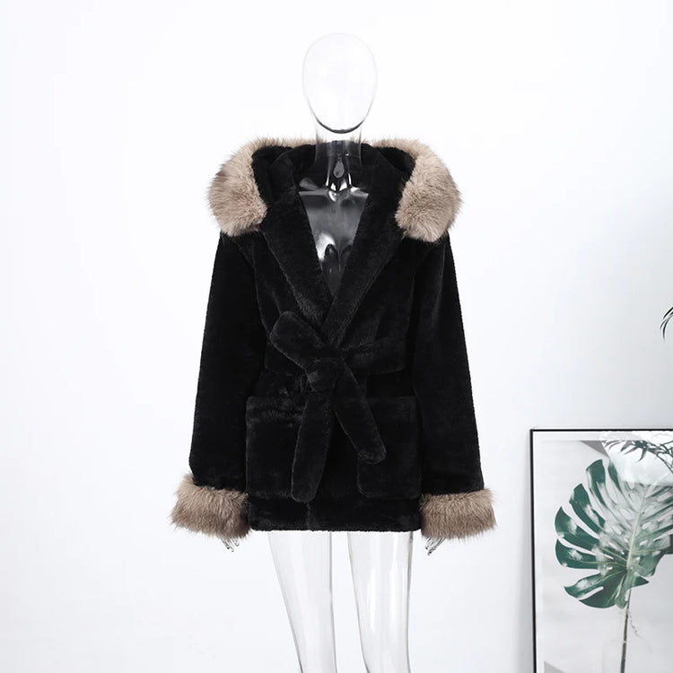 Casual Patchwork Faux Fur Collar Women's Coat Lace Up Pockets Thicken Lady Coats 2026 Autumn Winter Female Street Outerwear
