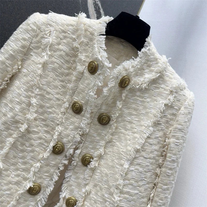 Women's jacket New autumn 2025 double breasted slim long sleeved top tweed weave Women's coat Cotton blend round neck outerwears