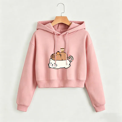 Kawaii Cat with Capybara Cropped Sweatshirt Crop Top Hoodie Y2k Sweatshirts Gothic Casual Style Clothes Pullover
