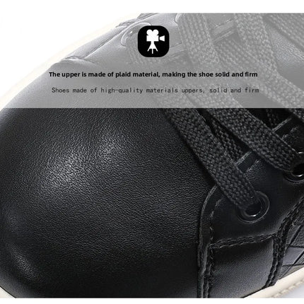 Men Low Top Leather Casual Shoes Lace-up Fashion Sneakers Black Embossed Plaid Upper Non Slip Flat Daily Wear Board Footwear