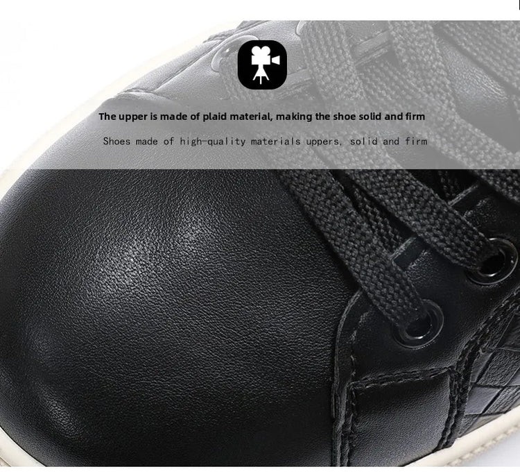 Men Low Top Leather Casual Shoes Lace-up Fashion Sneakers Black Embossed Plaid Upper Non Slip Flat Daily Wear Board Footwear