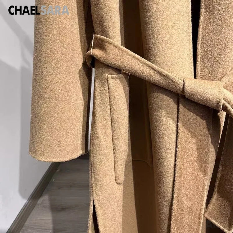 High Quality Women's Autumn Winter New Double-Sided 100% Wool Coat Fashion Belt Long Sleeves Pockets Elegance Overcoats Ladies