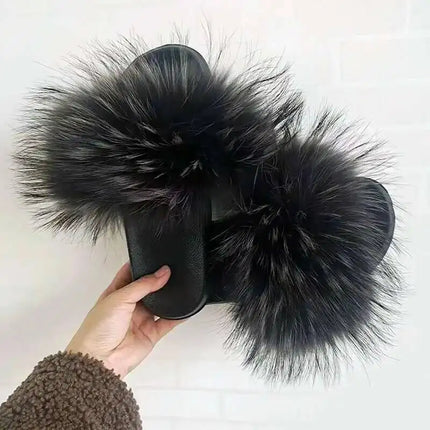 Real Raccoon Fur Slippers for Women 2023 Summer Fluffy Indoor Home Fuzzy Flat Slides Outdoor Fashion Beach Sandals Flip Flops