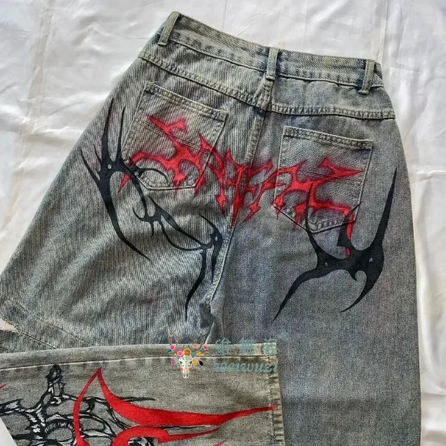 Y2K Hip Hop Ripped Wide Leg Jeans, New Baggy Denim Pants, Women's Autumn Retro Harajuku Gothic Spike Print Jeans, Cool Streetwear