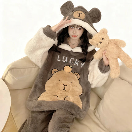 Winter New Women's Warm Pajamas Cartoon Hooded Sleepwear Suit Women's Coral Fleece Pyjamas Set Thickened Thermal Homewear M-4XL