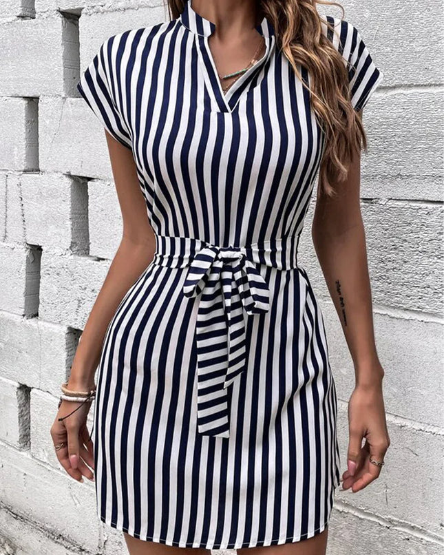 Summer New Striped Print Dress for Women 2024 Fashion V-Neck Sleeveless Lace-Up Short Skirt Elegant Office Lady Slim Dresses
