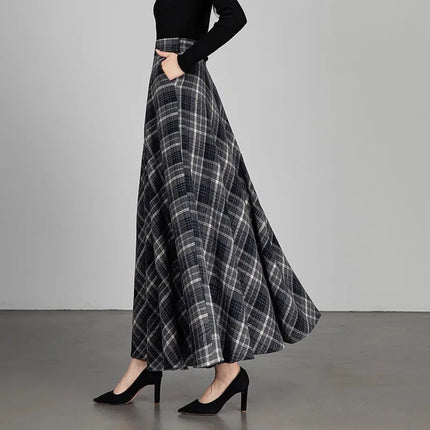 New Women Thick Woolen Skirt Autumn Winter Fashion Elastic High Waist A-Line Long Plaid Skirt Elegant Easy Match Wool Skirt PlatiNum