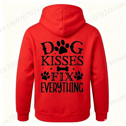 Dog Lover Hoodies Funny Quote "Dog Kisses Fix Everything" Pet Paw Print Graphic Sweatshirts Long Sleeve Hoody Autumn Hoodie Gift