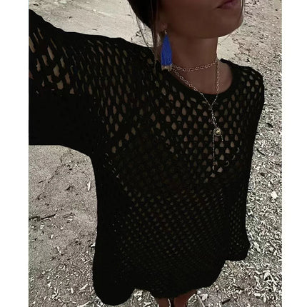 Abito Estivo Casual a Maniche Lunghe con Collo Tondo, Stile Spiaggia, Copricostume Traforato con Design Semplice e Aderente platinumshop