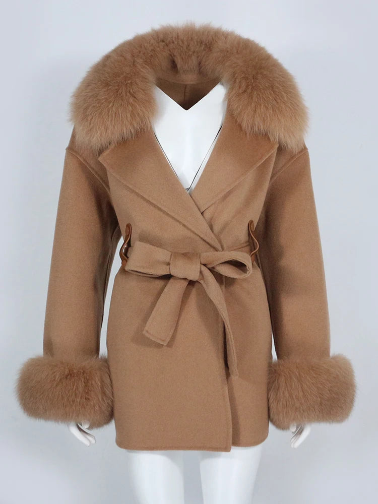 OFTBUY Real Fur Coat Winter Jacket Women Natural Fox Fur Collar Cuffs Belt Cashmere Wool Woolen Ladies Outerwear Streetwear