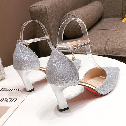 Bling Gold Silver Women Pumps 2023 Sexy Point Toe Thin Heel Party Wedding Shoes Womens Summer Ankle Strap 8cm High Heels Shoes PlatiNum