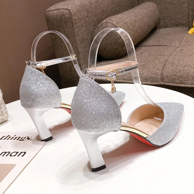 Bling Gold Silver Women Pumps 2023 Sexy Point Toe Thin Heel Party Wedding Shoes Womens Summer Ankle Strap 8cm High Heels Shoes PlatiNum