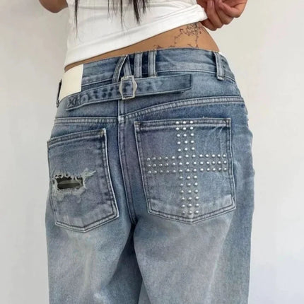Jeans Estivi da Donna Lavati e Distressed con Strass, Stile American Vintage Y2K Street Style, Gamba Larga Dritta e Morbida