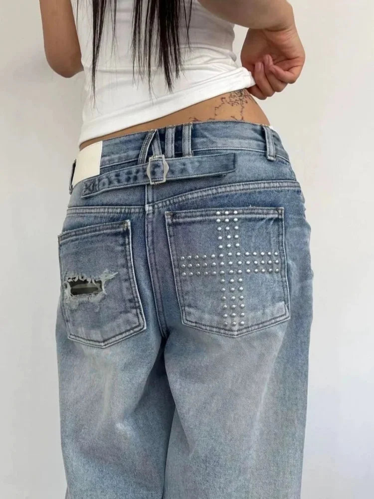 Jeans Estivi da Donna Lavati e Distressed con Strass, Stile American Vintage Y2K Street Style, Gamba Larga Dritta e Morbida