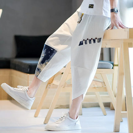 Pantaloni Kimono giapponesi da uomo in cotone traspirante Samurai Abbigliamento Pantaloni da uomo Stampa allentata Pantaloncini Harem retrò Pantaloni Hip Hop Harajuku