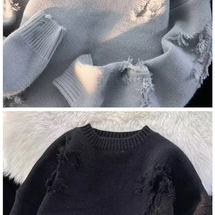 2026 Street Style Broken Holes Sweaters for Men Autumn Winter Thick Knitted O Neck Pullovers Vintage Casual Couple Sweater Coats