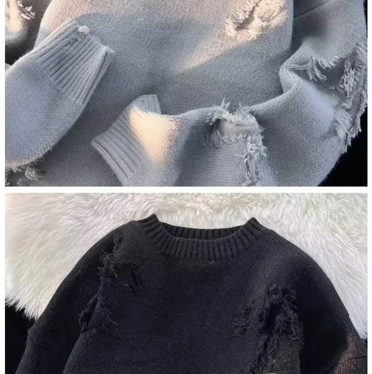2026 Street Style Broken Holes Sweaters for Men Autumn Winter Thick Knitted O Neck Pullovers Vintage Casual Couple Sweater Coats