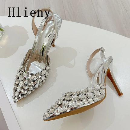 Hlieny Hollow Out Patent Leather Women Pumps Fashion Crystal Diamonds Pointed Toe Gold Silver High Heels Shoes Stiletto Sandals PlatiNum