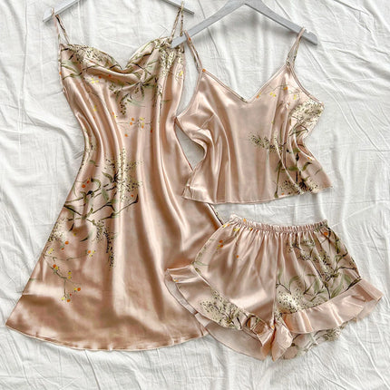 Pigiama da donna con stampa ciliegia Abito allacciato alla moda sexy Set pigiama da donna in 3 pezzi