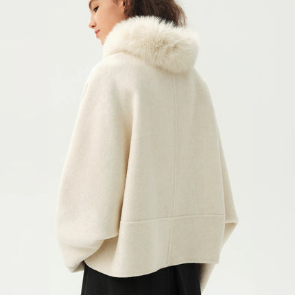 DUSHU Short Wool Coat  Fox Fur Collar and Camel Hair Women Warm Single Breasted Elegant Temperament Winter Batwing Sleeve