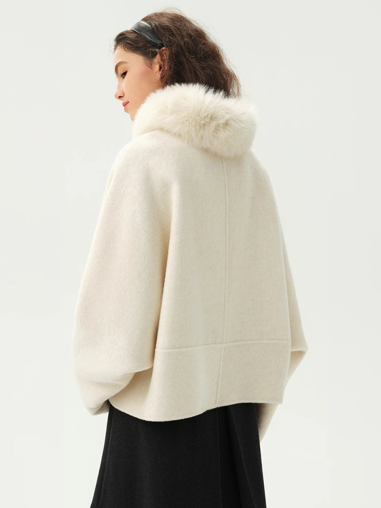 DUSHU Short Wool Coat  Fox Fur Collar and Camel Hair Women Warm Single Breasted Elegant Temperament Winter Batwing Sleeve