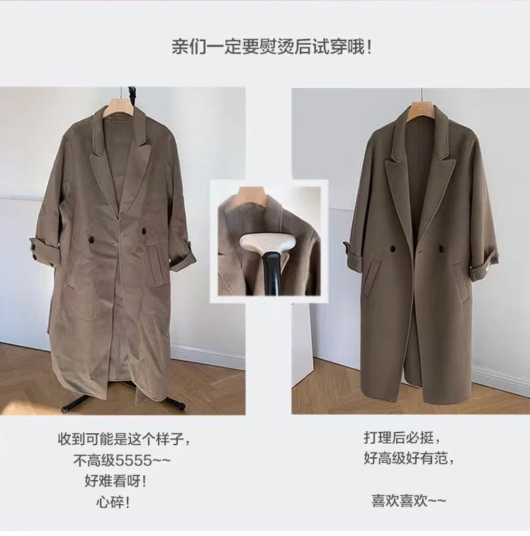 Autumn Winter Korean High-end Real Fox Fur Sleeves Women Black Slim Fit Waist Cinched Double-sided Wool Coat Long Woolen Coat