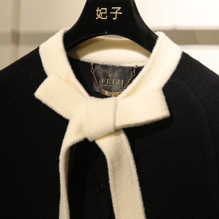 French Elegant Socialite Cape Jacket Plush Pocket Round Neck Bow Single-breasted Loose Versatile Woolen Cloak Coats Women Winter