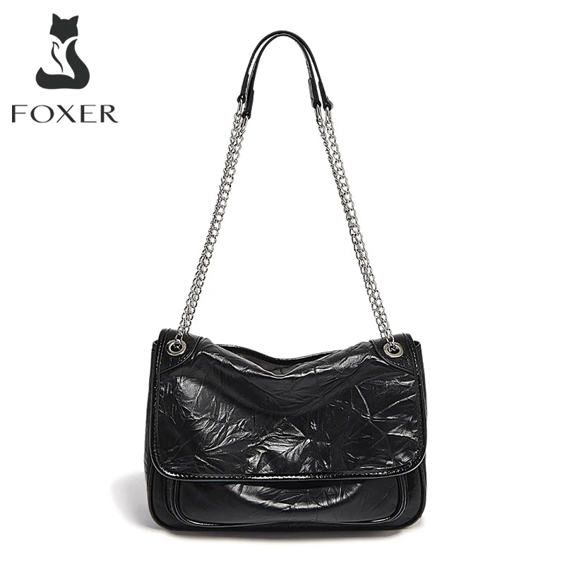 FOXER Women Genuine Leather + PU Shoulder Handbag Classic Fashion Black Tote Chain Bag