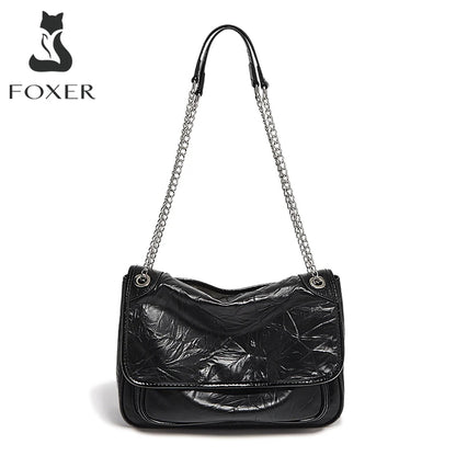 FOXER Women Genuine Leather + PU Shoulder Handbag Classic Fashion Black Tote Chain Bag