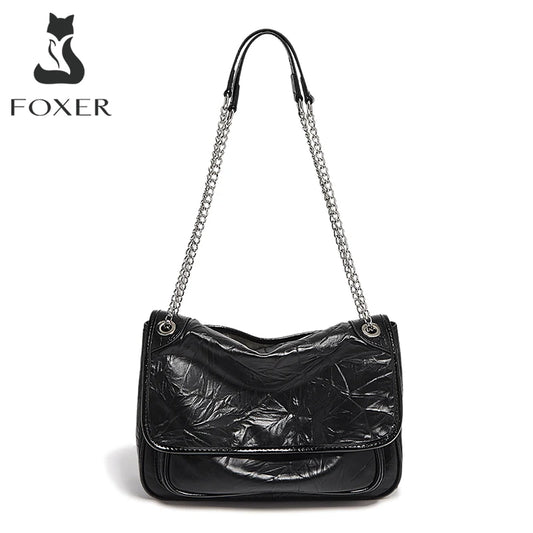 FOXER Women Genuine Leather + PU Shoulder Handbag Classic Fashion Black Tote Chain Bag