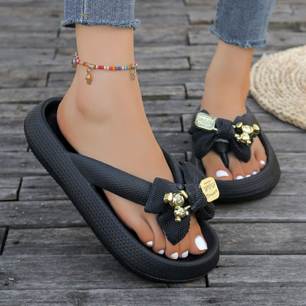 Infradito da donna multicolori estivi Sandali con fiocco in orsacchiotto metallico alla moda Sandali da spiaggia per le vacanze a casa Calzature versatili