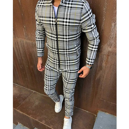 2025 Men Tracksuit 2pc Set Gym Hiking Plaid Zipper Hoodie Cargo Pants Autumn Athleisure Outfit Fleece Jogger Sportswear PlatiNum