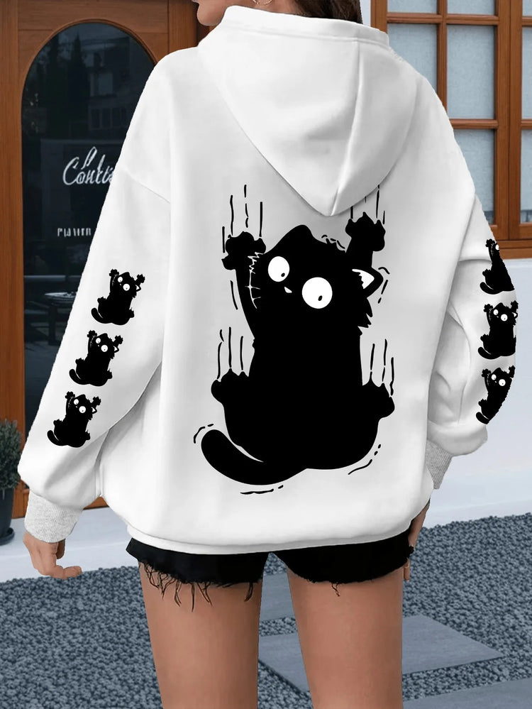 Women Oversized Hoodie Cute Scratch Black Cat Dual Sleeve Print Pullover Sweatshirt Autumn Winter Harajuku Casual Street Tops