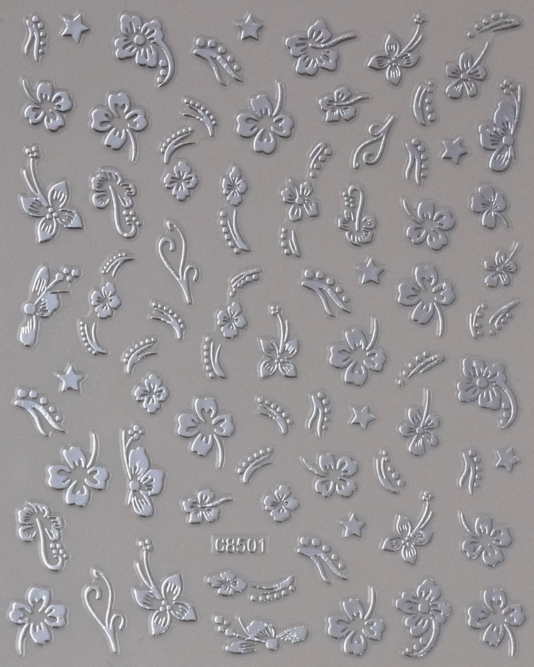 5D Hibiscus Flower Nail Embossed Sticker Acrylic Pink White Gold Petal Leaf Adhesive Decal Butterfly Dragon Floral Elegant Decor