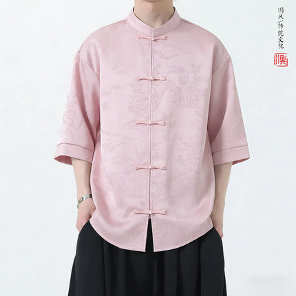 Camicie Estive da Uomo di Lusso in Jacquard Traspirante a Maniche Corte, Stile Cinese Tradizionale Kung Fu Tai Chi, Camicia Casual da Uomo