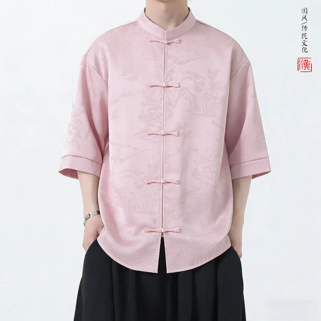 Camicie Estive da Uomo di Lusso in Jacquard Traspirante a Maniche Corte, Stile Cinese Tradizionale Kung Fu Tai Chi, Camicia Casual da Uomo
