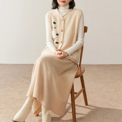 Women's 100% Pure Cashmere Skirt Autumn Winter Mid-calf A-line Knitted Full Skirt High Waist Soild Dress Elegant Basic High-end PlatiNum
