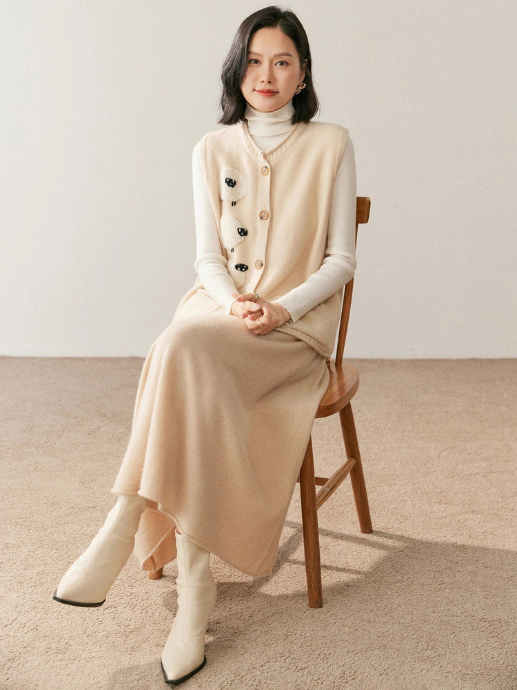 Women's 100% Pure Cashmere Skirt Autumn Winter Mid-calf A-line Knitted Full Skirt High Waist Soild Dress Elegant Basic High-end PlatiNum