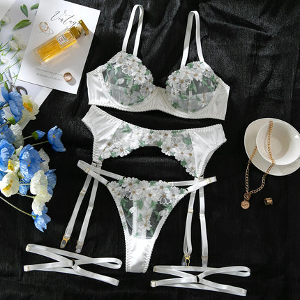 Elegant White Floral Embroidered Sheer Lace Lingerie Set Strappy Underwire Bra Garter Belt Thong Intimate Nightwear Apparel Lady