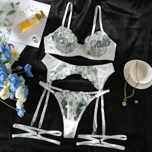 Elegant White Floral Embroidered Sheer Lace Lingerie Set Strappy Underwire Bra Garter Belt Thong Intimate Nightwear Apparel Lady